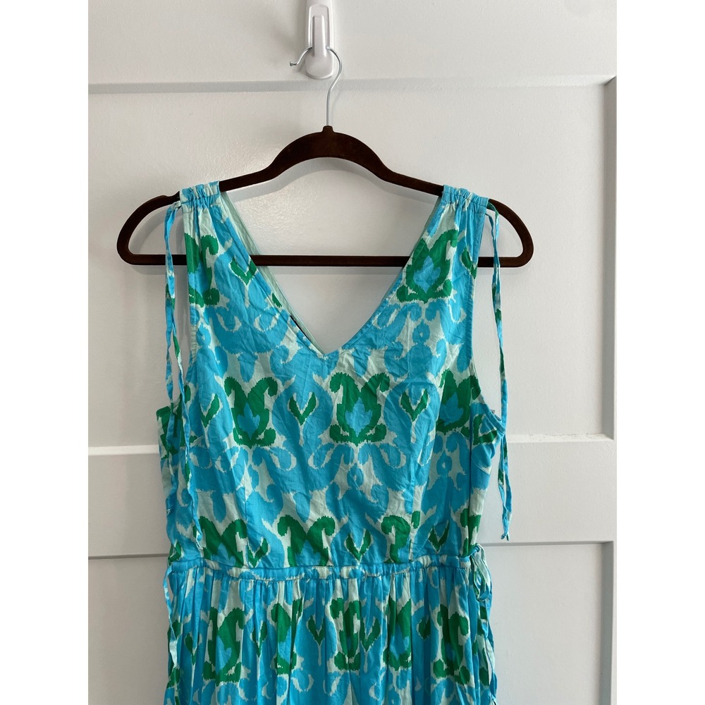 Talbots Petite Blue Green Ikat Cotton Tiered Midi Dress 12P Sleeveless V-Neck - Picture 5 of 10